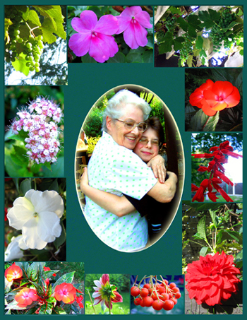 A collage of flowers forms a matte for a picture of a grandmother hugging her grandson.