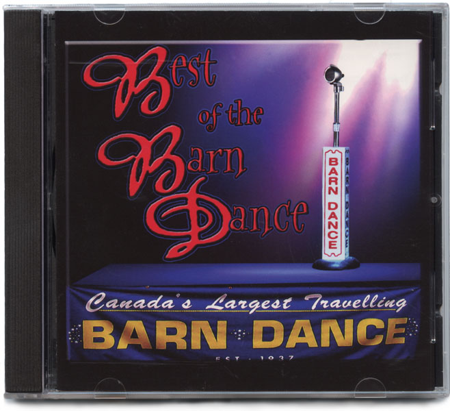 A single microphone dressed in a BARN DANCE housing stands spotlit on a digitally constructed stage, the front of which is draped with the with a CANADA'S LARGEST TRAVELLING BARN DANCE banner.