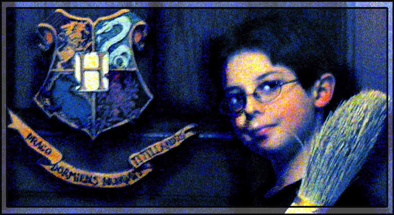 Digital Art in A Picture-In-Picture Digital Matte: A Boy with a Nimbus 2000 stands beside a Hogwarts Door Crest captioned “Draco Dormiens Nunqam Titillandus” 