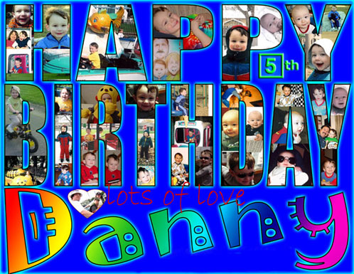 A 40 photo collage is matted within the letters spelling 
	“Happy Birthday”