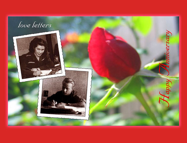 A rosebud is the background for sepia tone photos of 
	her writing a love letter to him, and him writing a love letter to her