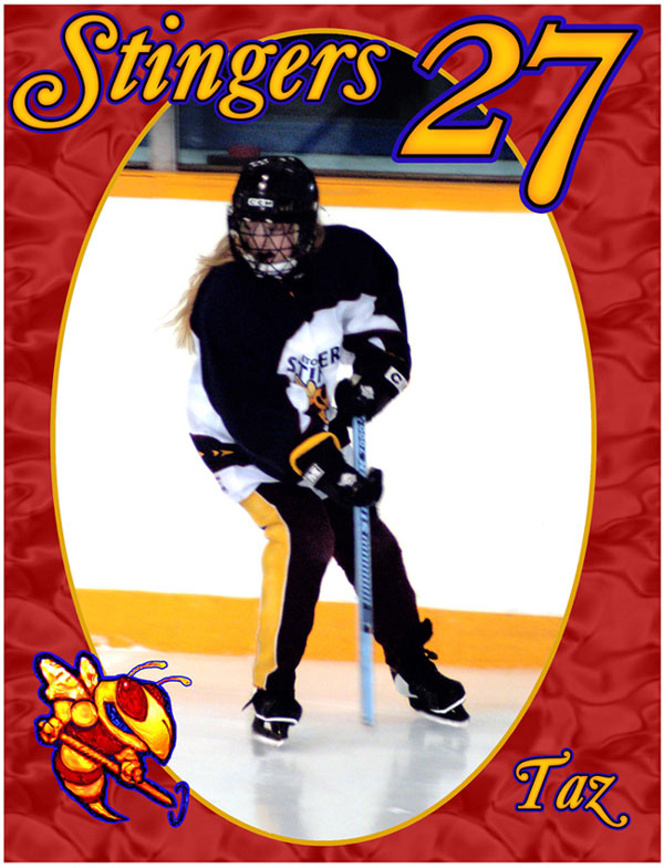 Full shot of ringette player, red oval matte, logo & number and nick-name