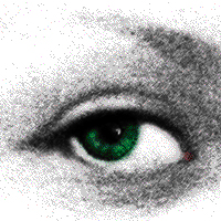 Black and white cross hatched eye with the pupil painted bright green